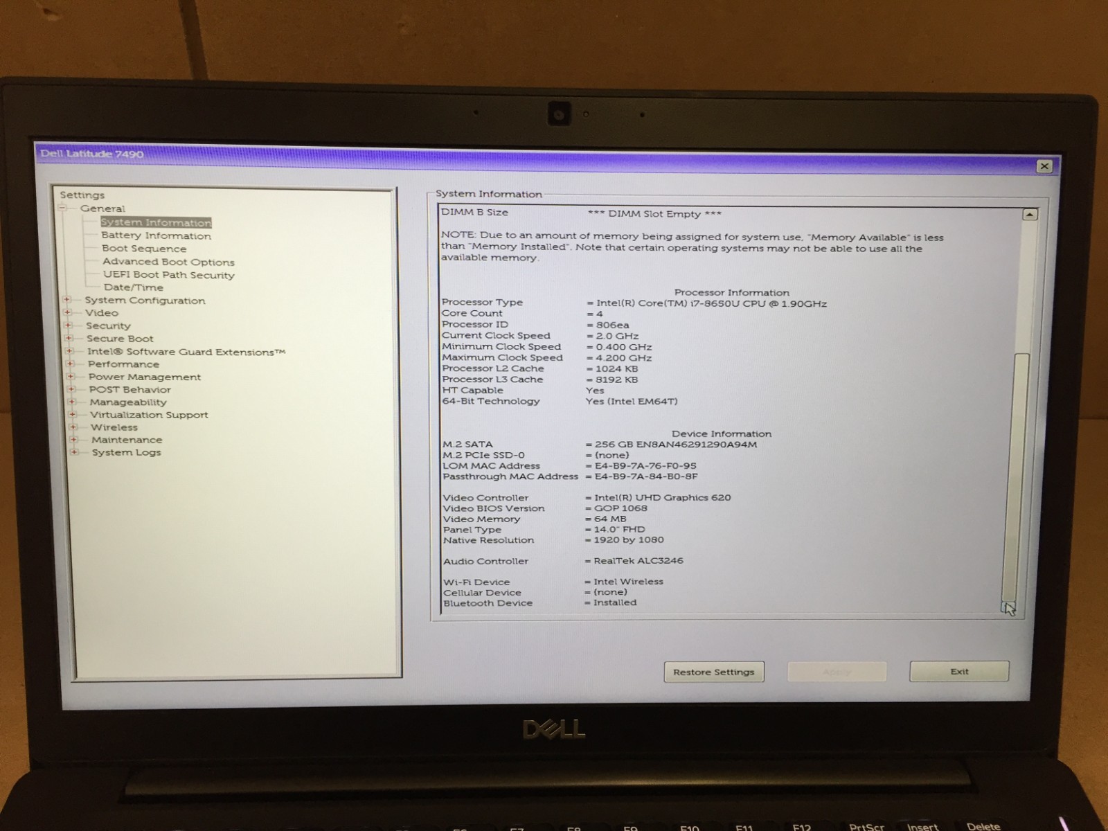 Dell Latitude 7490 14″ FHD Laptop i7-8650U 8GB RAM 256GB SSD w/AC