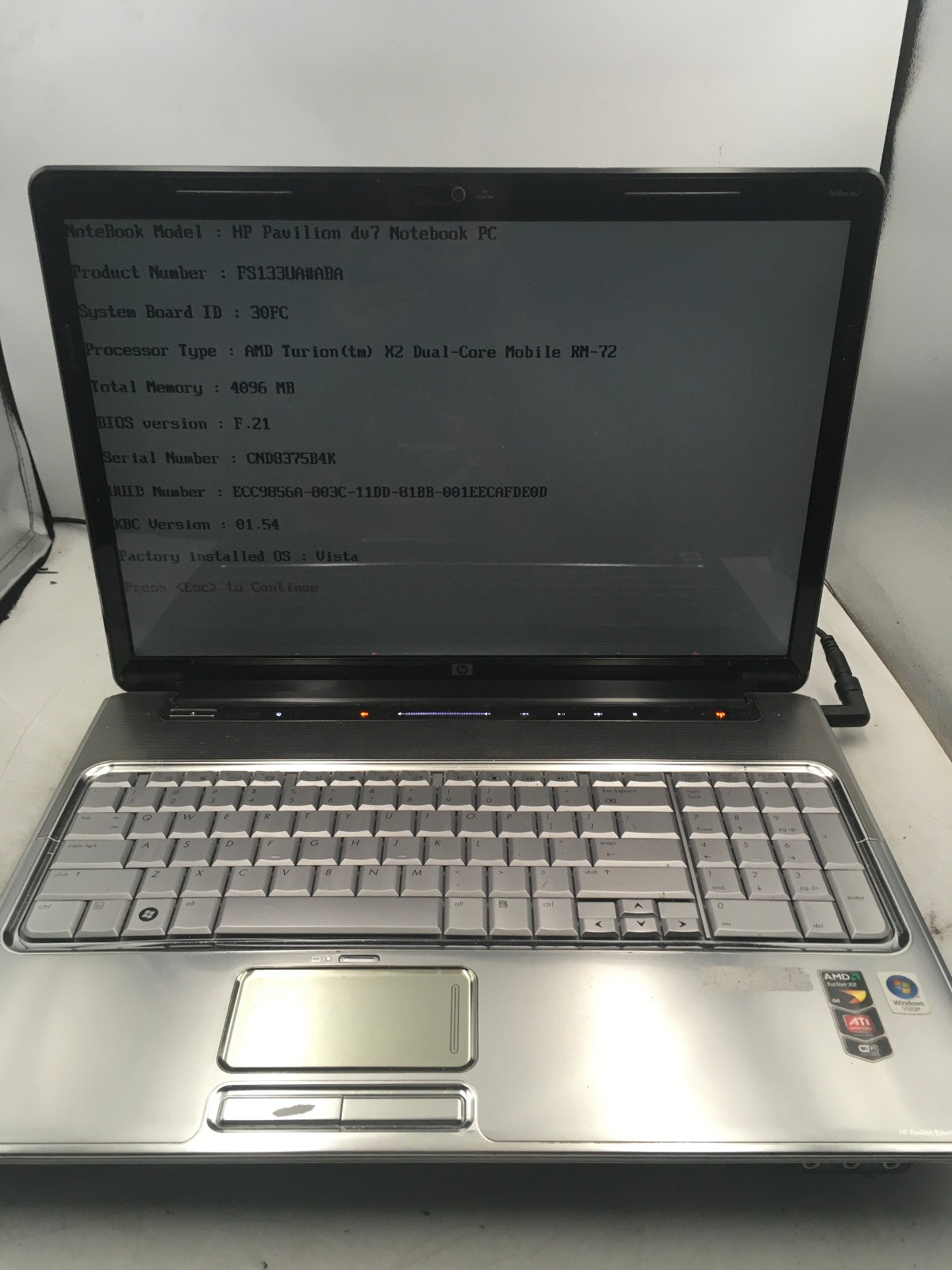 HP PAVILION DV7 1129WM – BOOTS TO BIOS/BIOS LOCK – AMD TURION X2 – 4GB RAM – BB