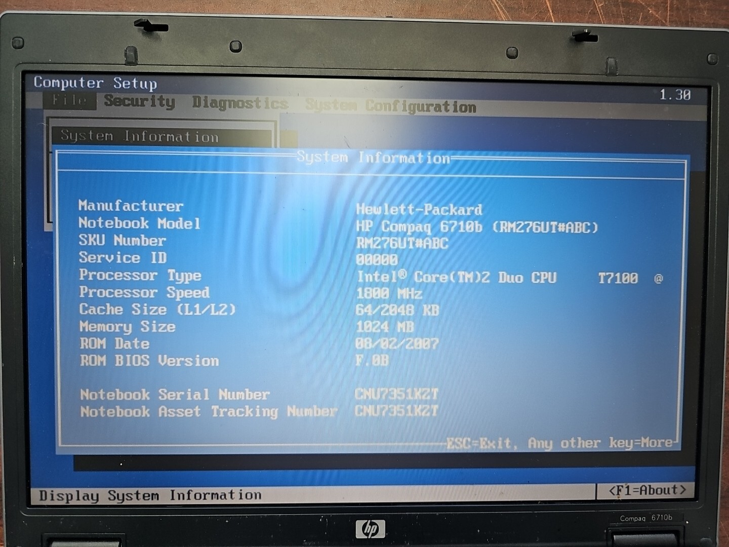 HP Compaq 6710b – Intel Core2Duo 1GB RAM No HDD No Adapter – UNTESTED / AS IS