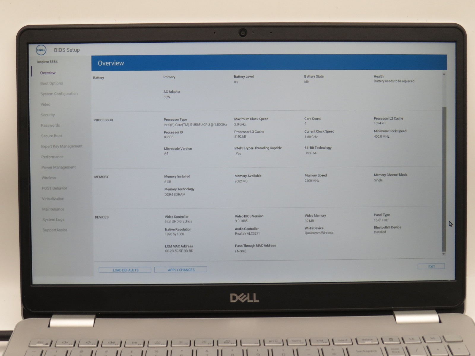 Dell Inspiron 15 5584 i7-8565U @ 1.8GHz 8GB DDR4 475GB m2 15.6″ No OS/Battery