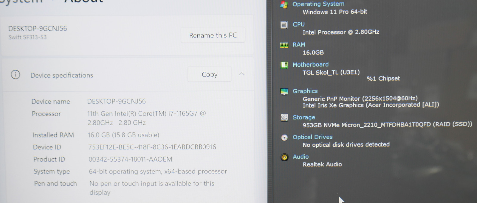 Acer Swift SF313-53 Core i7-1165G7 2.80GHz 16 GB 0GB SSD 13.3″ Win 11 Pro OS