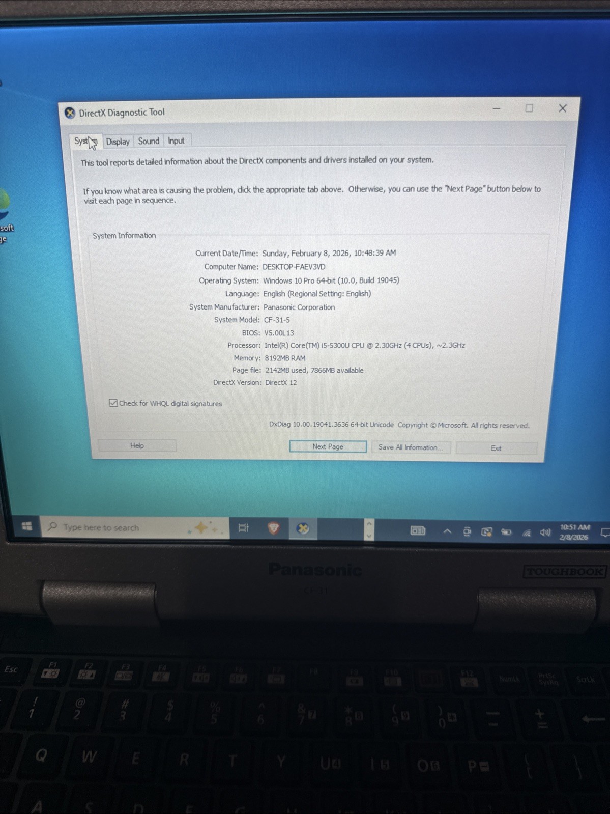 Panasonic Toughbook CF-31 MK5 i5-5300U 2.30GHz 8GB/256GHDD/DVD/No AC Charger