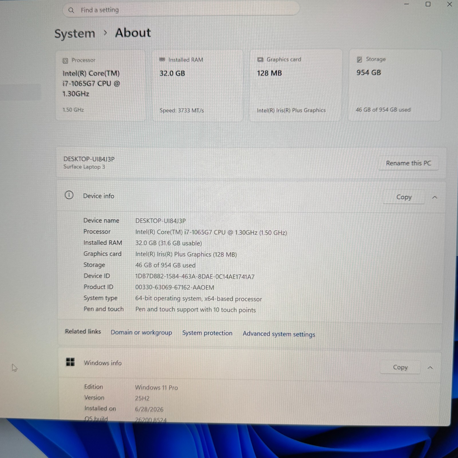 Microsoft Surface Laptop 3 1872 T13.5″ i7-1065G7 32GB 1TB SSD Win11 Pro Touch