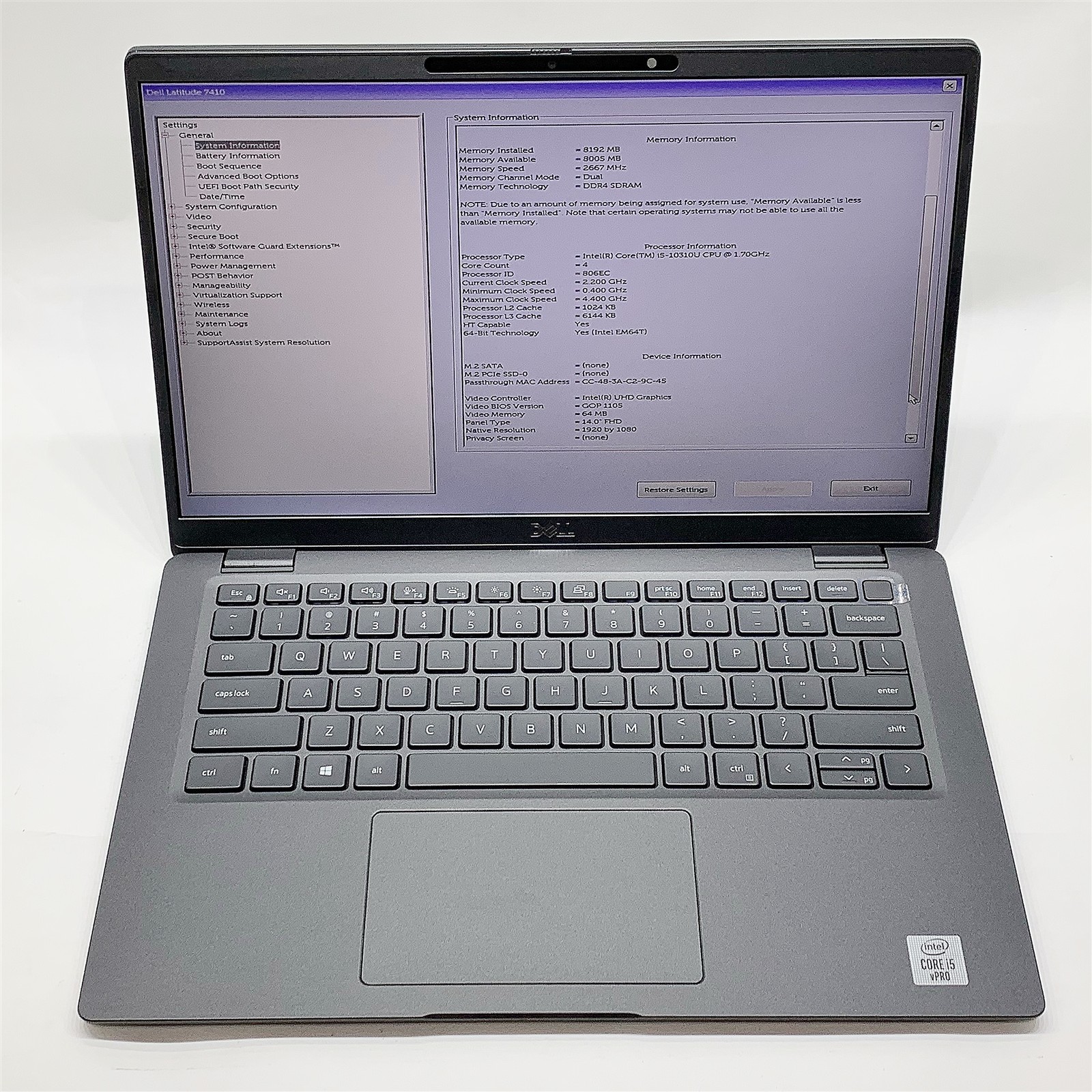 Dell Latitude 7410 Laptop Intel i5 10310U 1.70GHZ 14″ FHD 8GB RAM NO HDD Parts