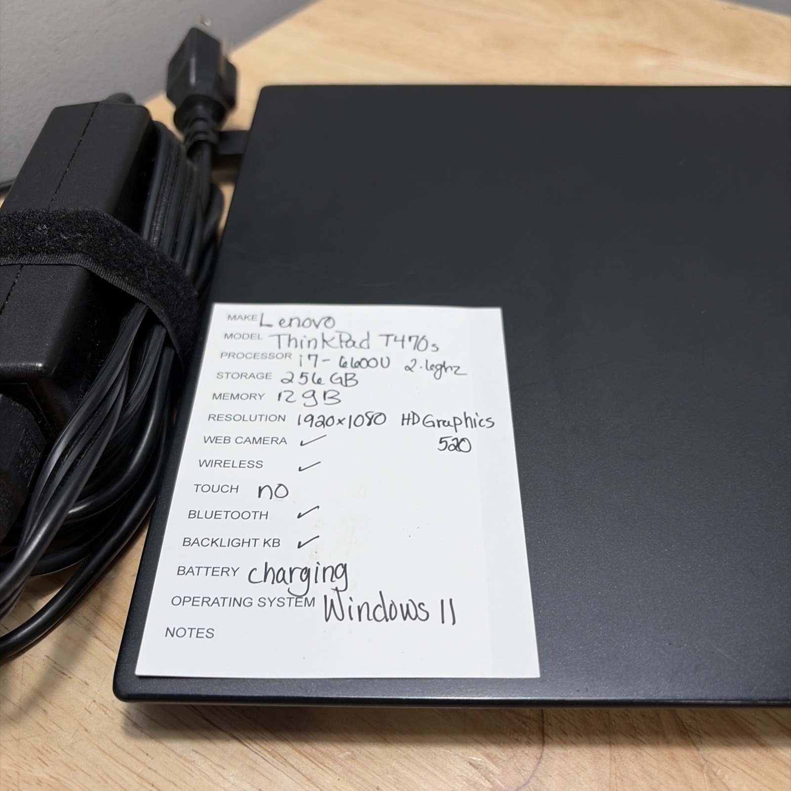 Lenovo Thinkpad T470s Core i7-6600U 2.6GHZ 12GB 256GB SSD WCam W11 Pro & Cord