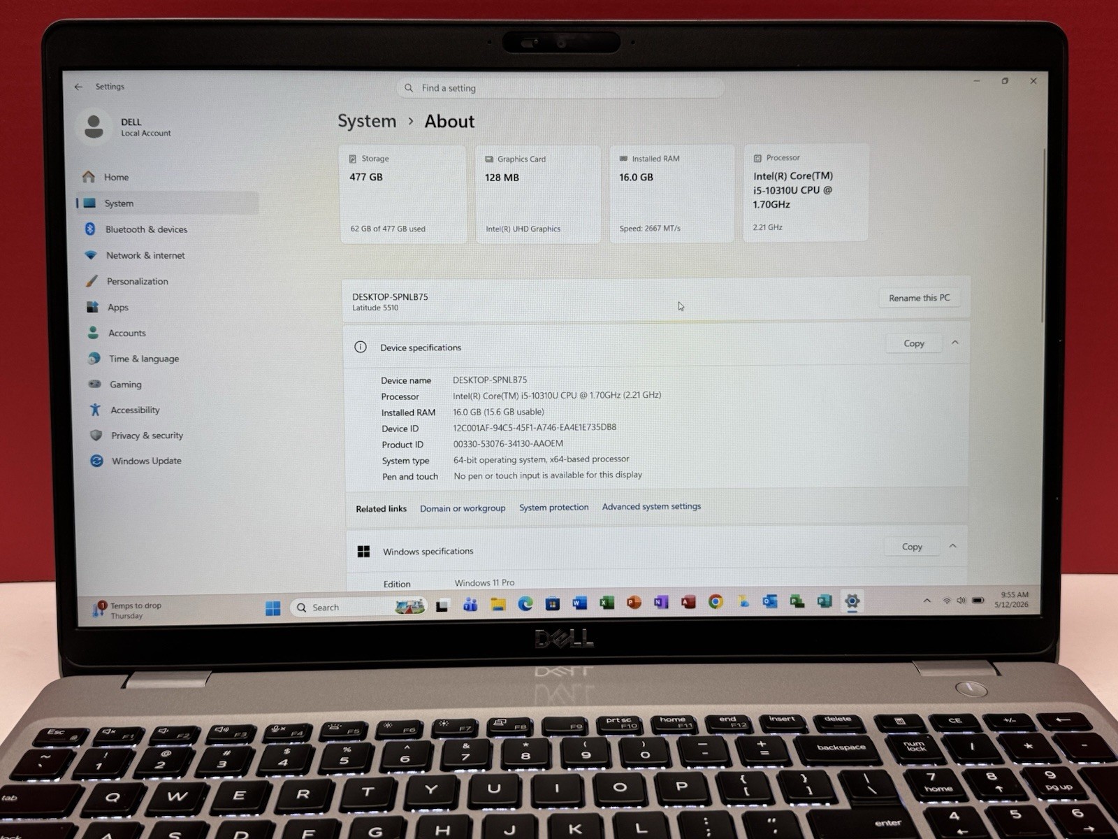 Dell Latitude 5510 15.6″ i5-10310U 1.7GHz 16GB RAM 512GB SSD WIN11P, Silver