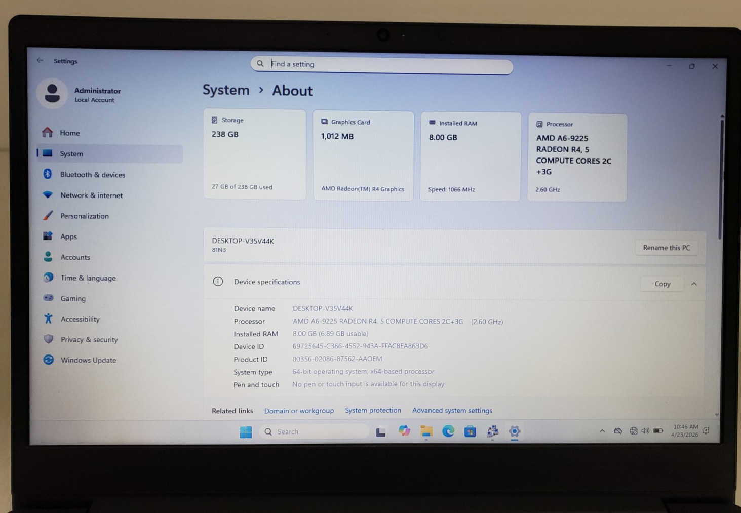 Lenovo IdeaPad S145-15AST Laptop AMD A6-9225 8GB Ram 256GB SSD, Windows 11 Pro