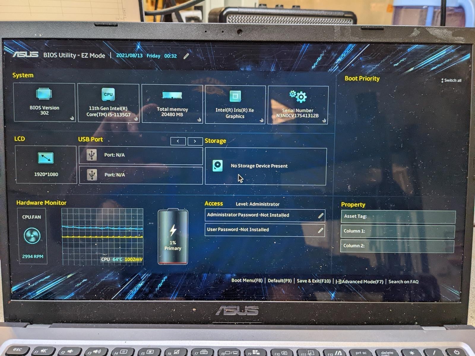 ASUS VIVOBOOK R565E i5-1135G7 @ 2.40GHz, 20GB RAM, NO HDD/OS