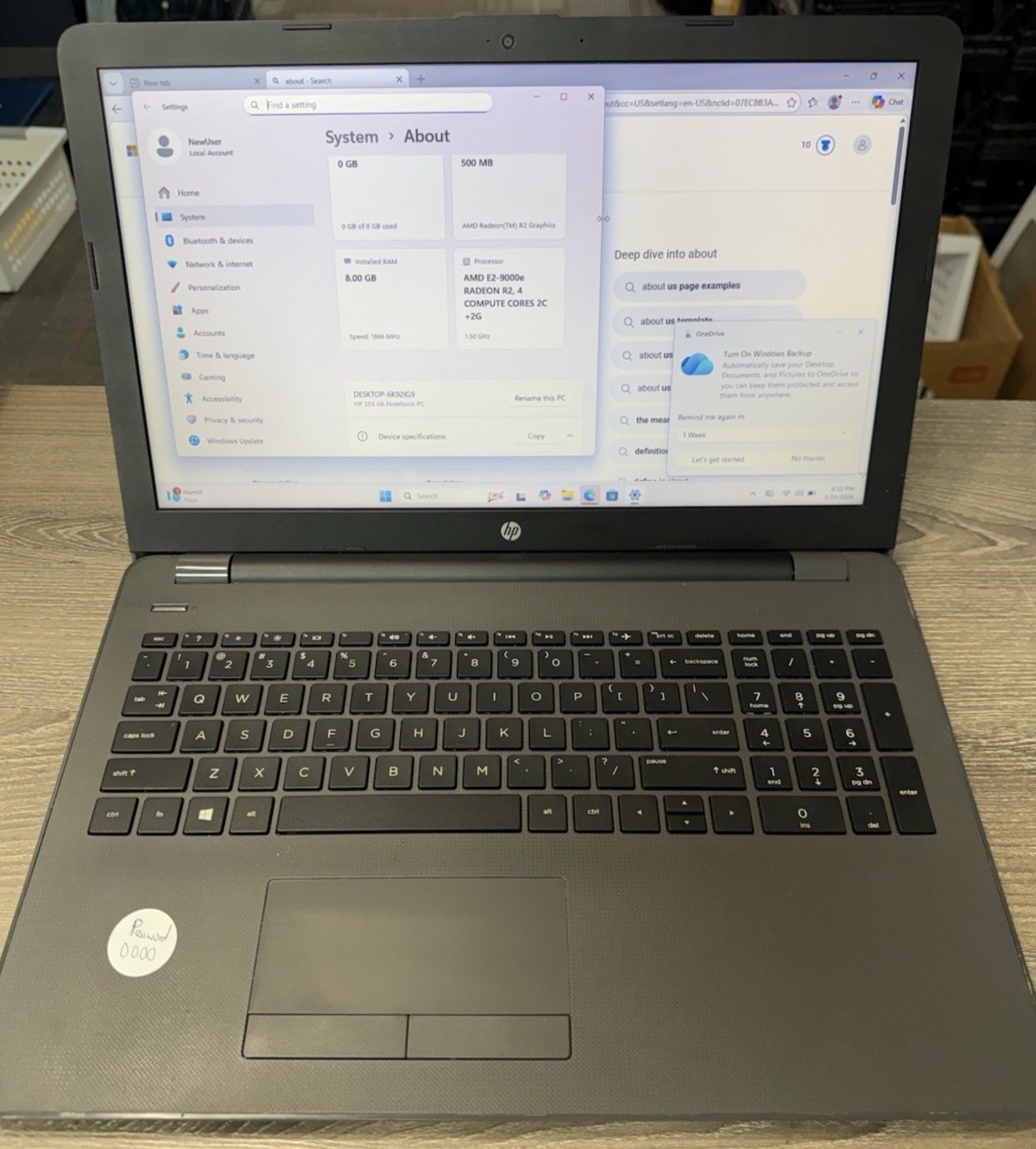 HP 255 G6 15.6in 8GB RAM AMD E2-9000e 1.5GHz BAD HARD DRIVE MISSING AS IS