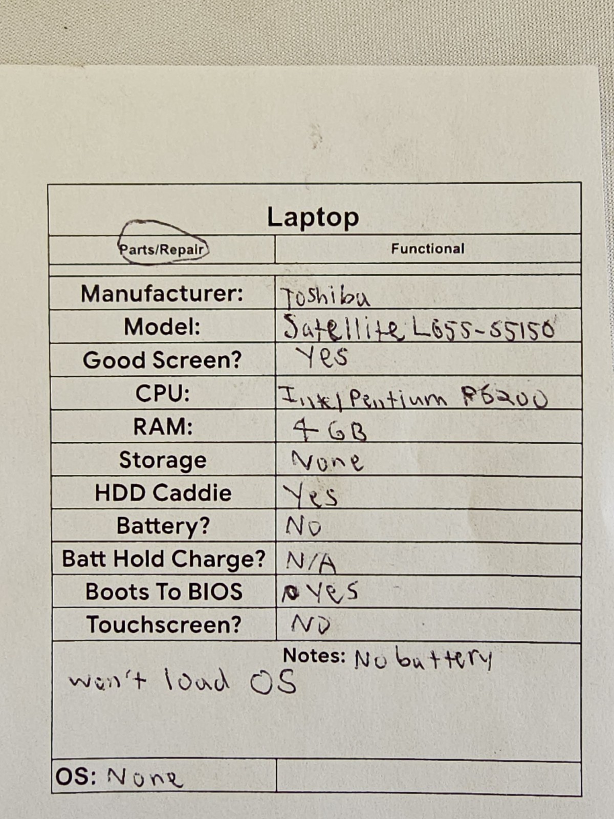 Toshiba Satellite L655-S5150 Laptop – Intel Pentium P6200 – NO BATT NO OS READ