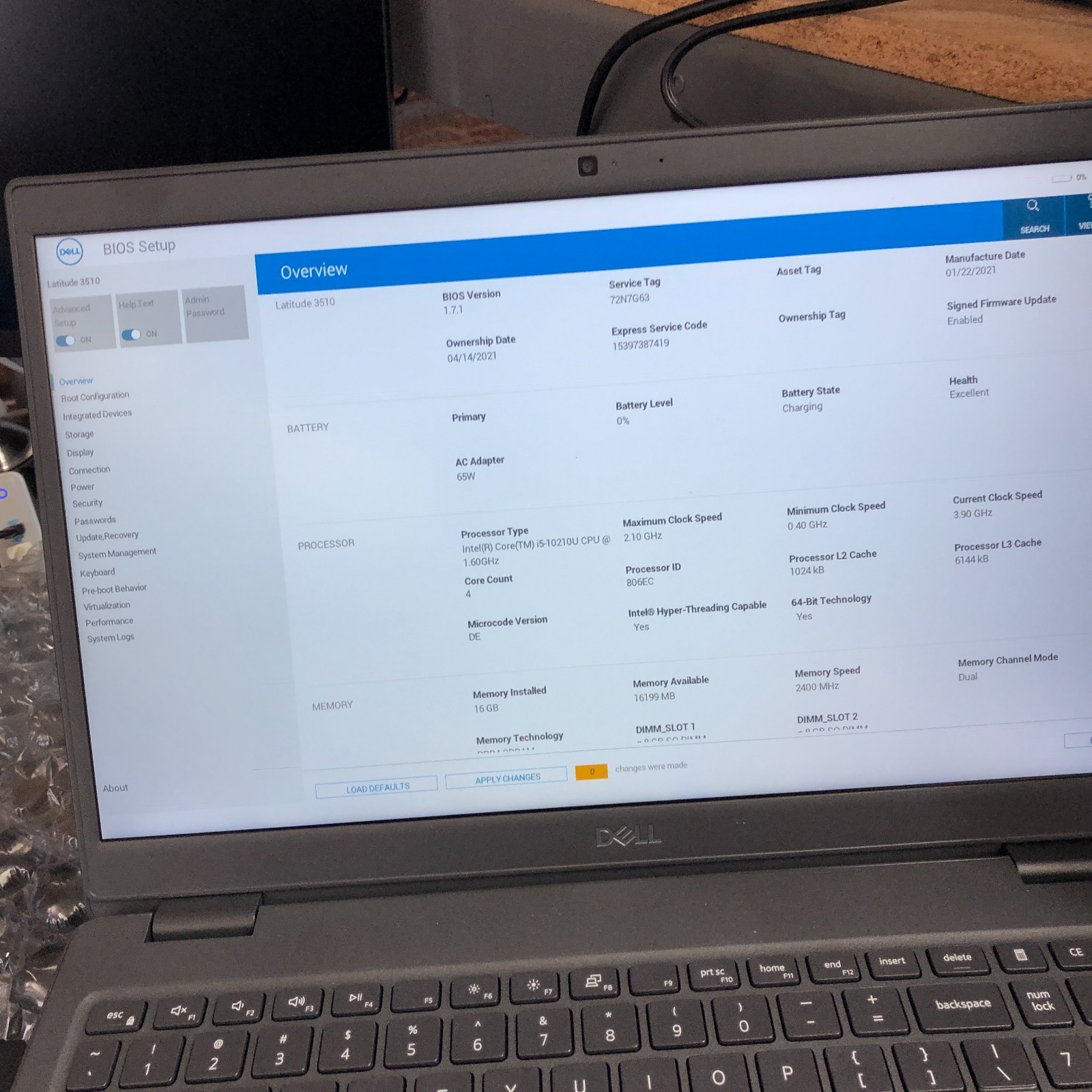 Dell Latitude 3510 Intel Core i5 10210U 16GB RAM 128GB SSD No Battery