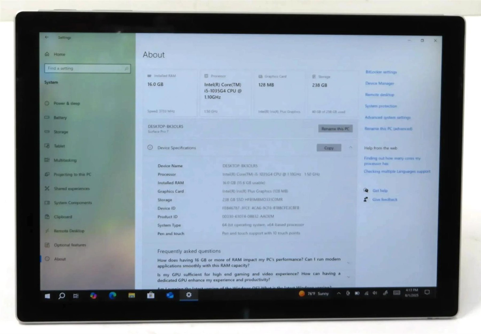 Microsoft Surface Pro 7 1866 Core i5-1035G4 1.10GHz 16GB 256GB Win 10 Pro