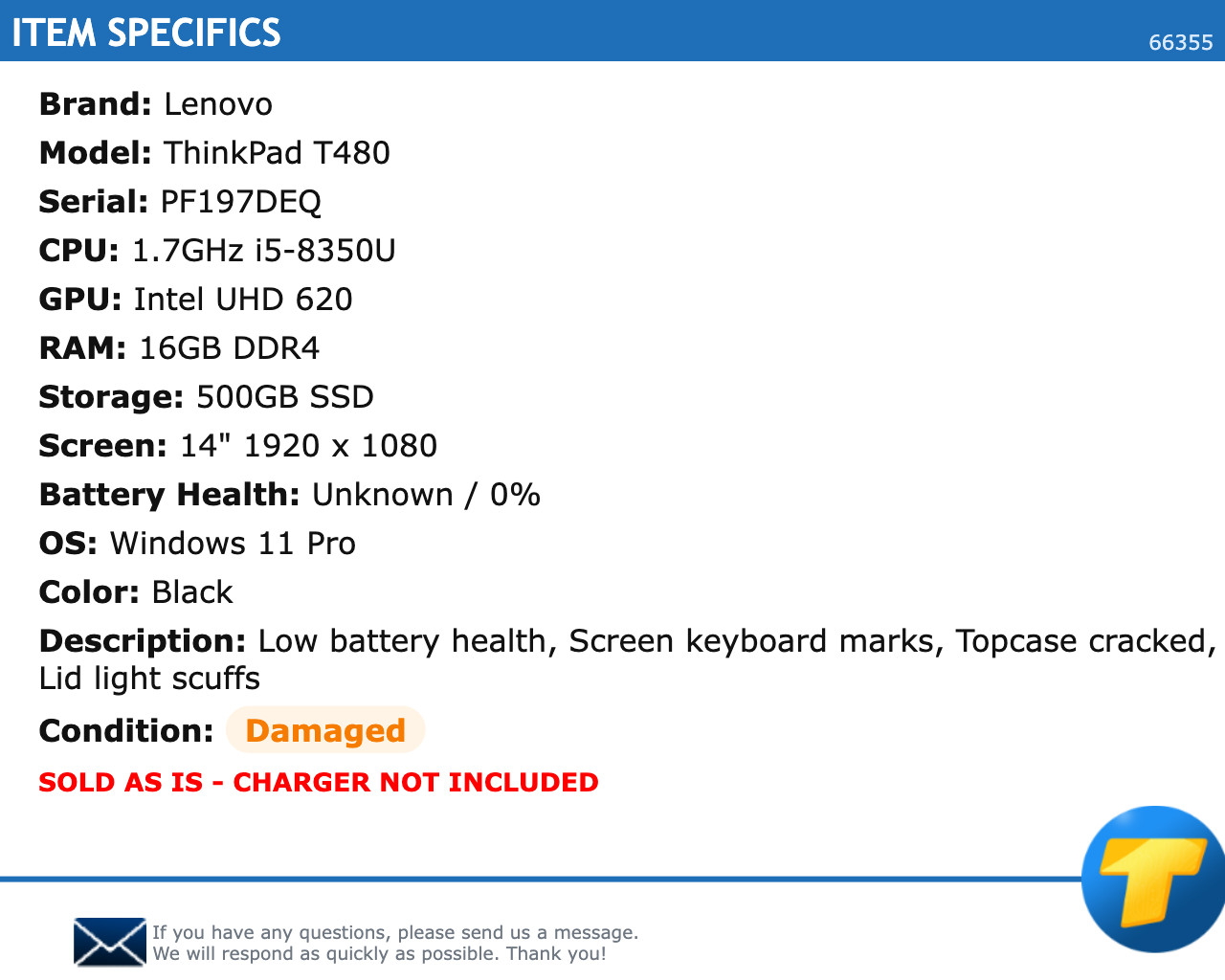 Lenovo ThinkPad T480 14″ FHD 1.7GHz i5 16GB RAM 500GB SSD Windows 11 Pro