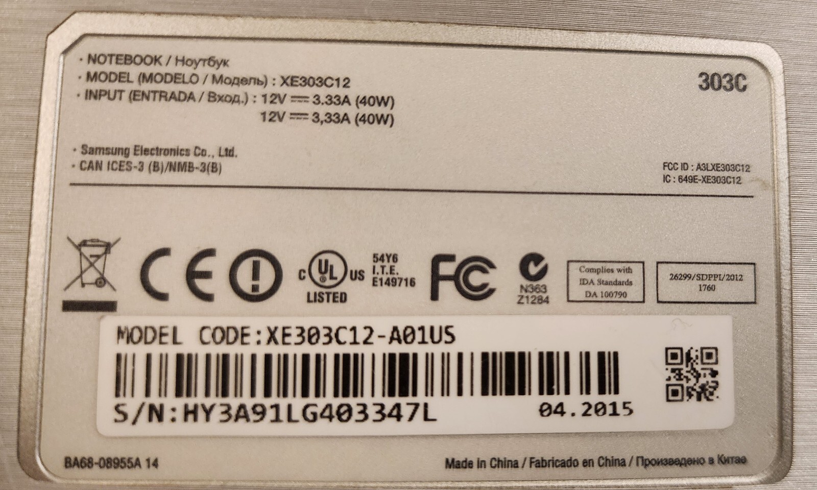 Samsung Chromebook XE303C12 FOR PARTS ONLY Includes AC Charger