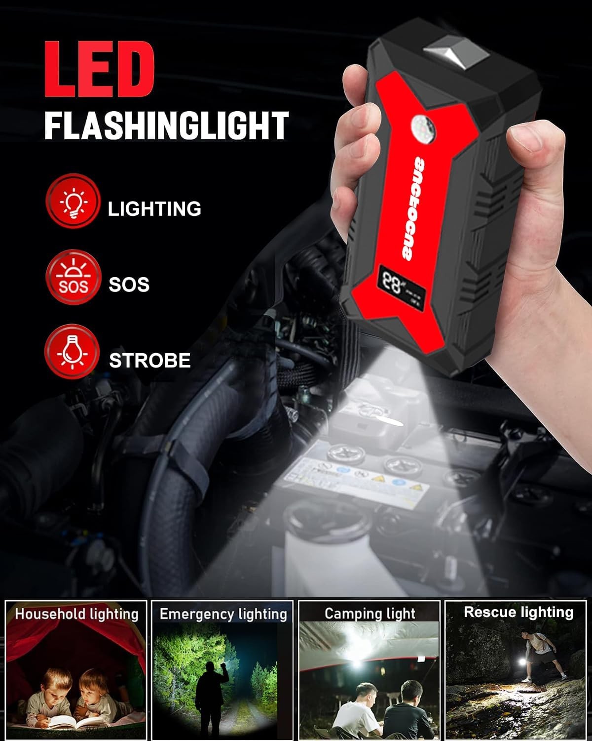 Portable Car Jump Starter 2500A for 8.0L Gas/7L Diesel, LED Light, USB QC3.0