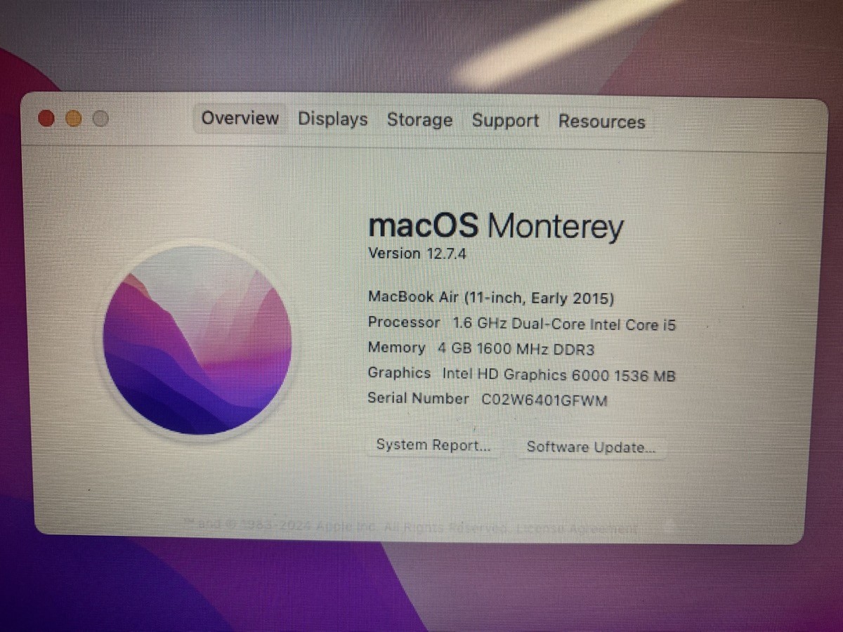 APPLE MACBOOK AIR A1465 2015 MODEL 1.6GHZ INTEL CORE i5 W/4GB MEM. (CJL006582)