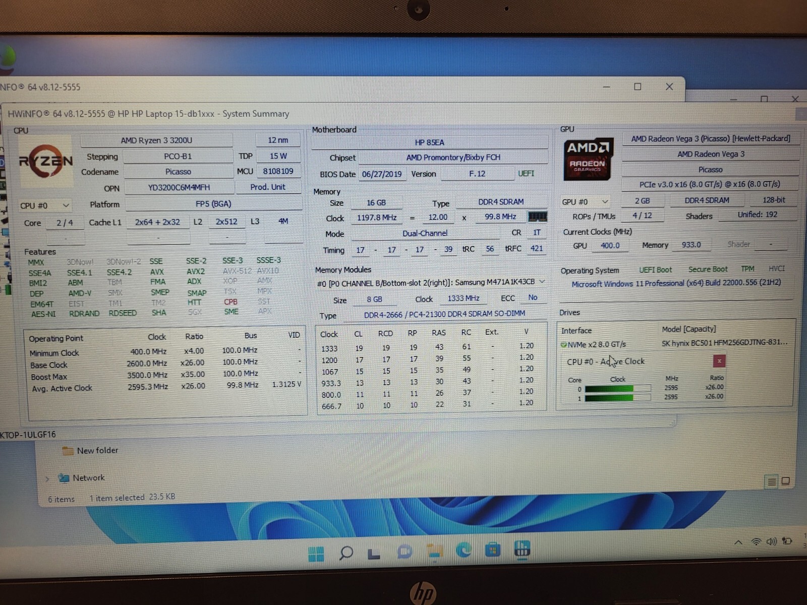 HP Laptop 15z-db100 Ryzen3 3200U 2.6GHz 16gb ram 256gb SSD charger CND9301Q30