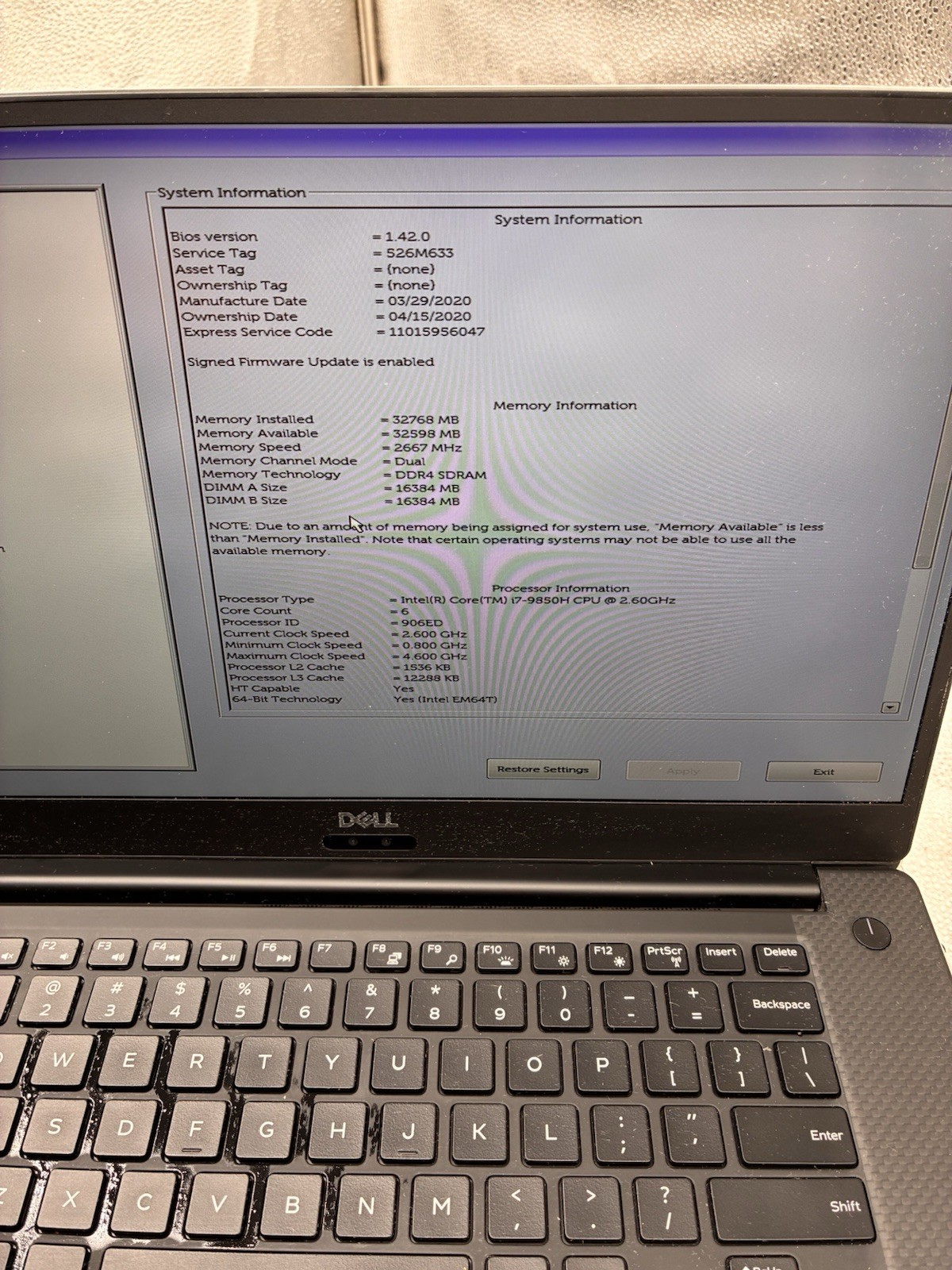 Dell Precision 5540 i7-9850H 2.60 GHz 32GB RAM No SSD Nvidia T2000