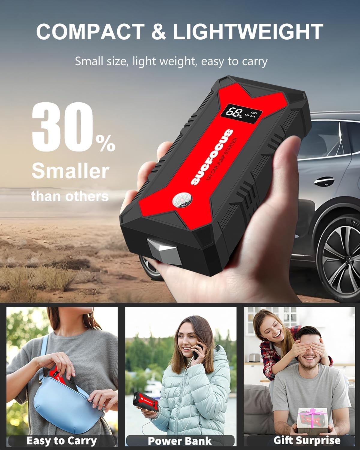 Portable Car Jump Starter 2500A for 8.0L Gas/7L Diesel, LED Light, USB QC3.0