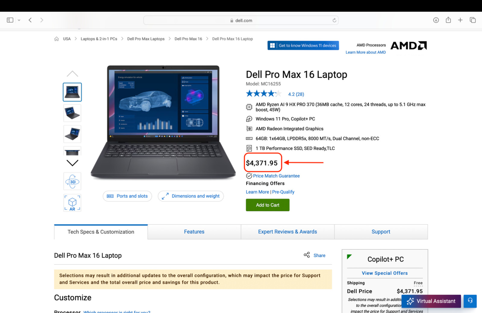 Dell Pro Max 16 MC16255 64GB RAM, 1TB SSD HDD AMD Ryzen AI 9 HX PRO *Open Box*