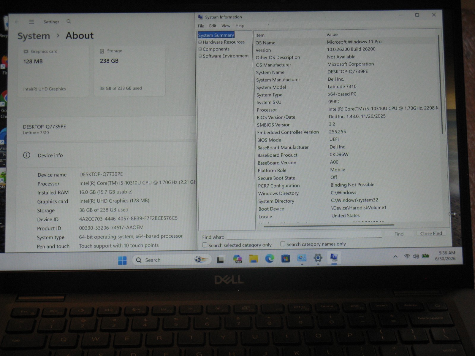 Dell Latitude 7310 i5-10310U 256GB NVMe 16GB FHD touch TB3 IR Cam vPro W11P