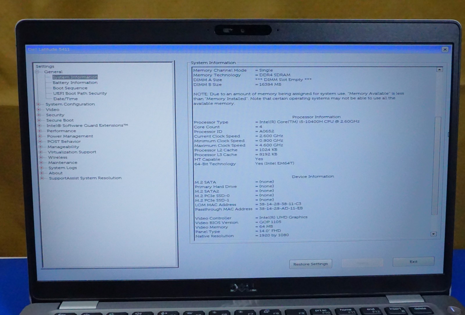 Dell Latitude 5411 14″ Intel Core i5-10400H @2.60GHz 16GB RAM (No SSD/Battery)
