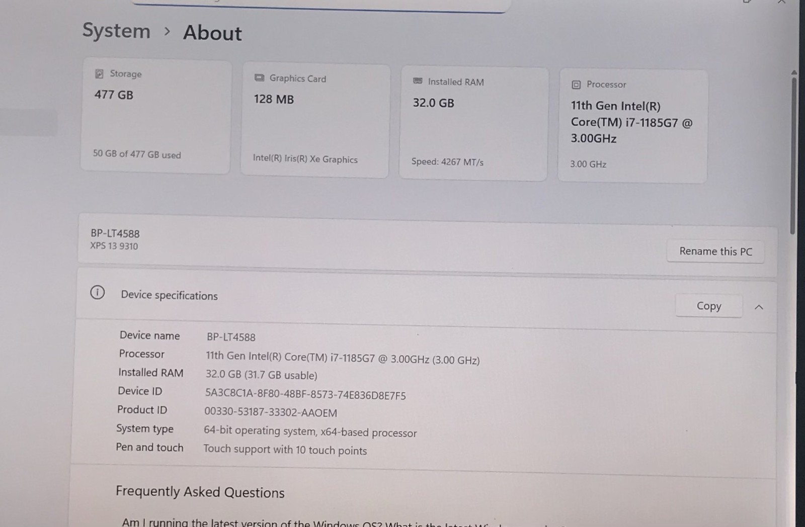 DELL XPS13 9310 i7-1185G7@3.00GHz 32GB RAM 512GB NVMe W11P TOUCH