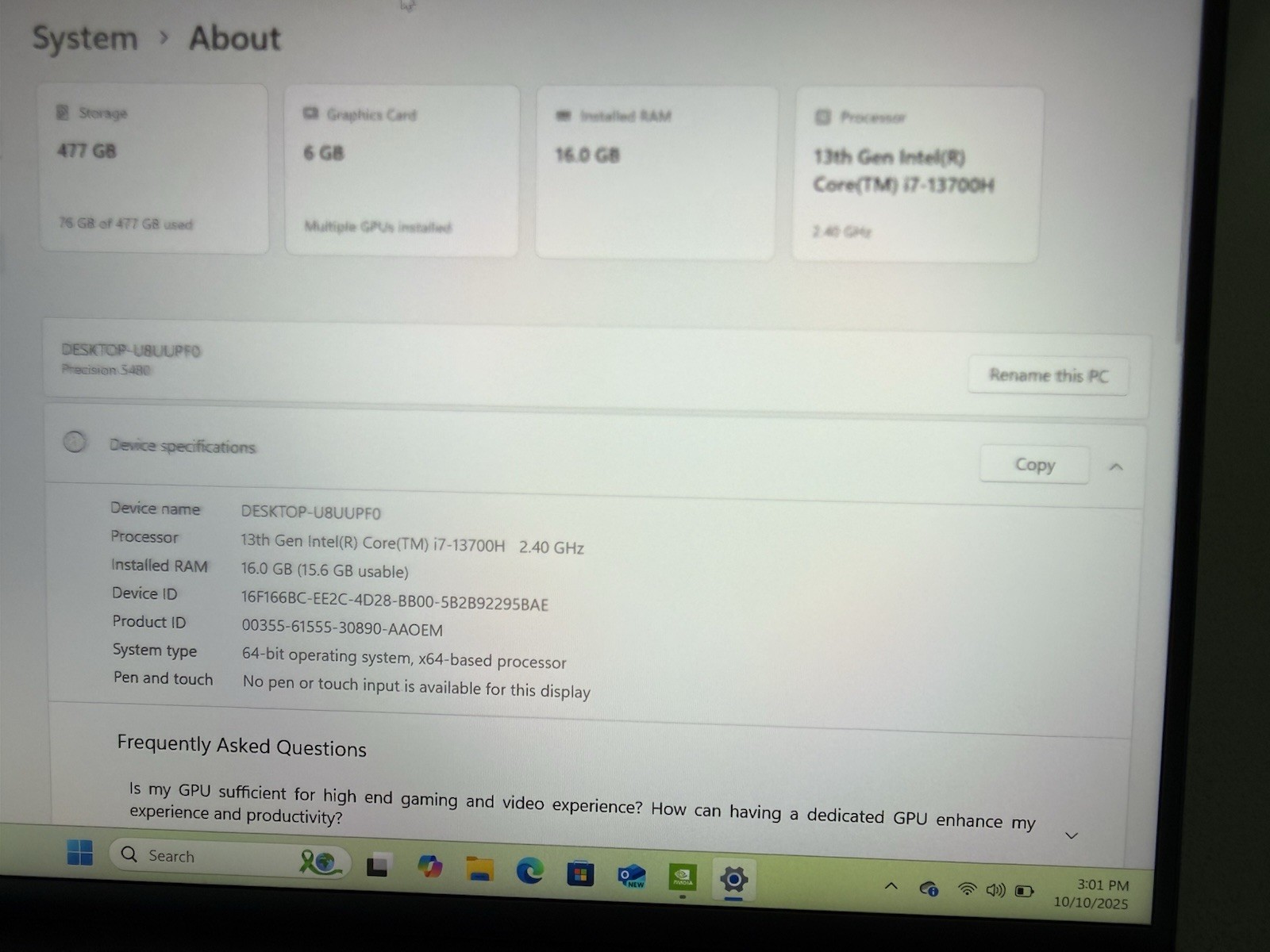 Dell Precision 5480 Laptop PC Intel i7-13th Gen 16GB Ram 512GB NVMe NVIDIA A1000