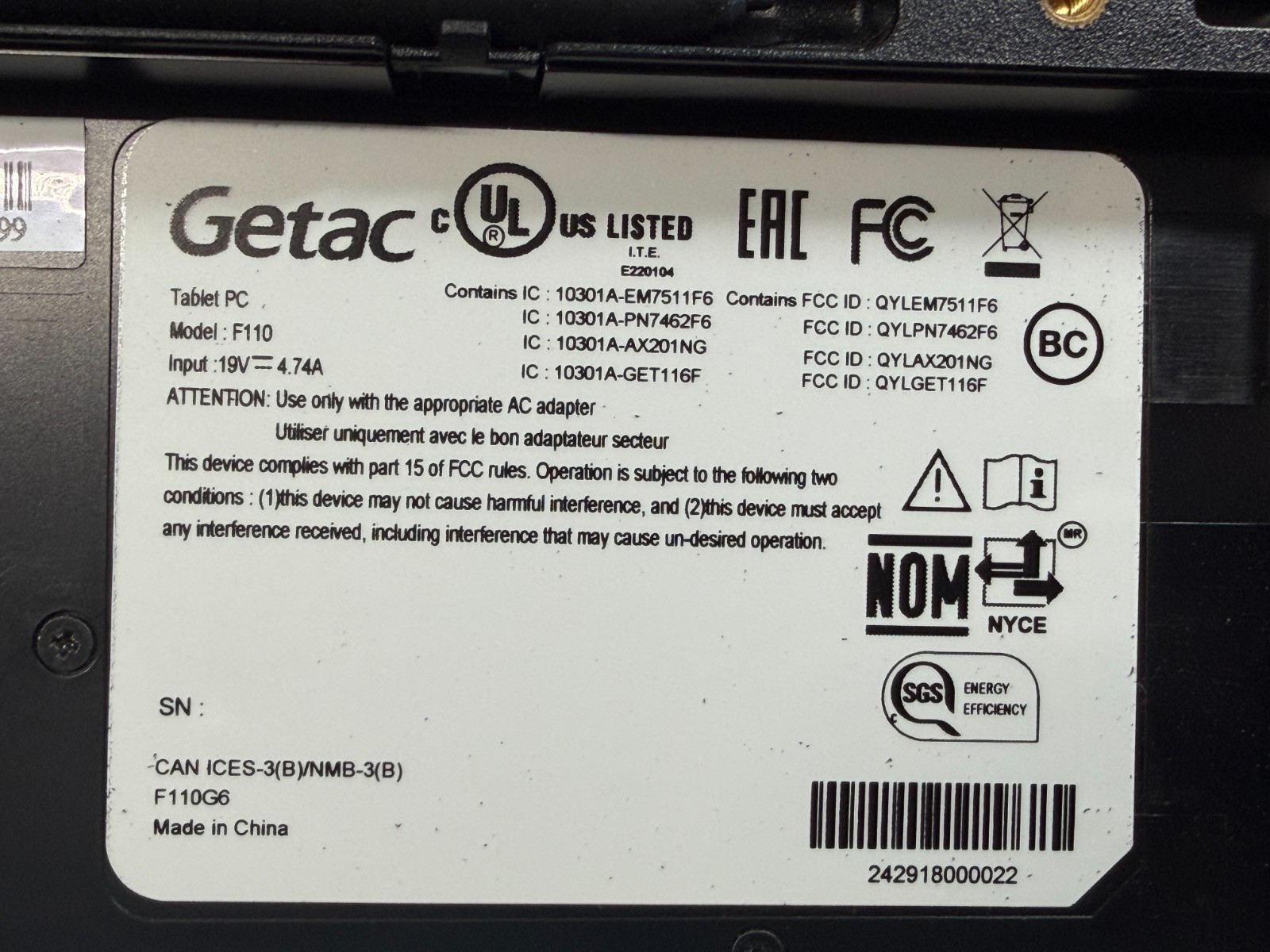 Getac F110 G6 11.6″ i7-1165G7 8GB RAM NO SSD/BATT/AC BIOS LOCKED PARTS.