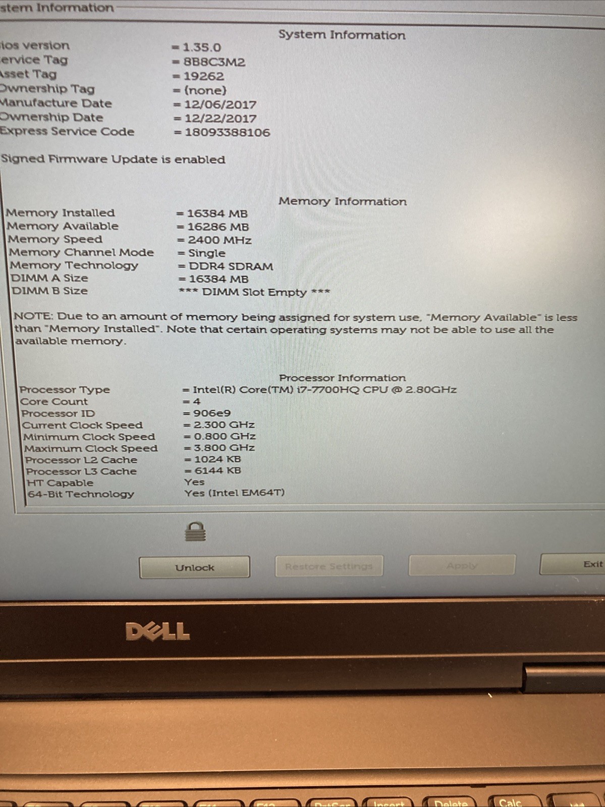 15.6″ Dell Precision 3520 Laptop Intel i7-7700HQ 16gb RAM NO SSD NO OS