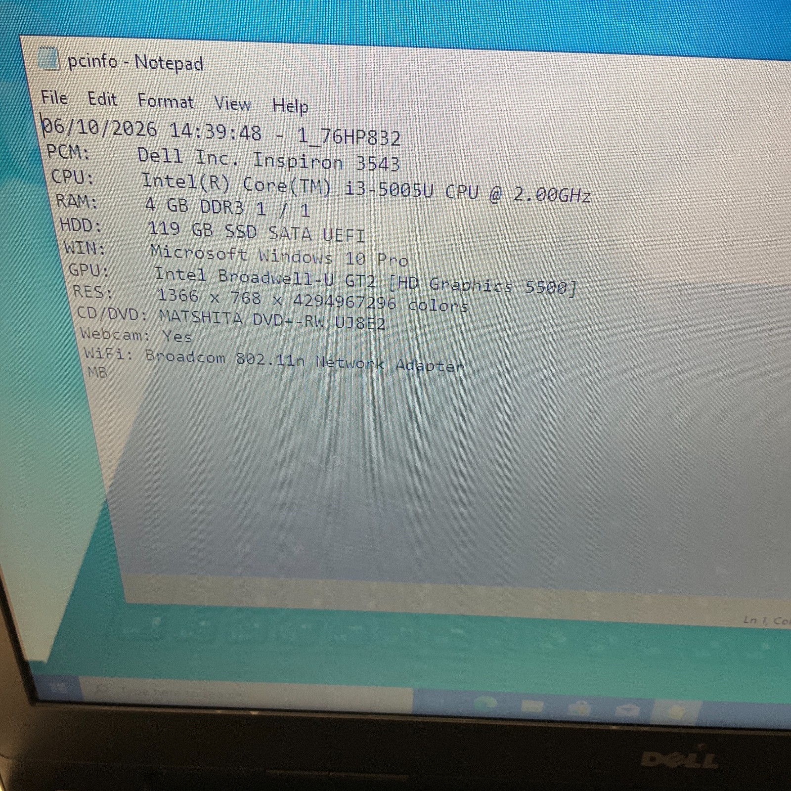 Dell Inspiron 3543 Laptop Intel Core i3-5005U 2.00 GHz 4GB 120GB SSD NO BATTERY