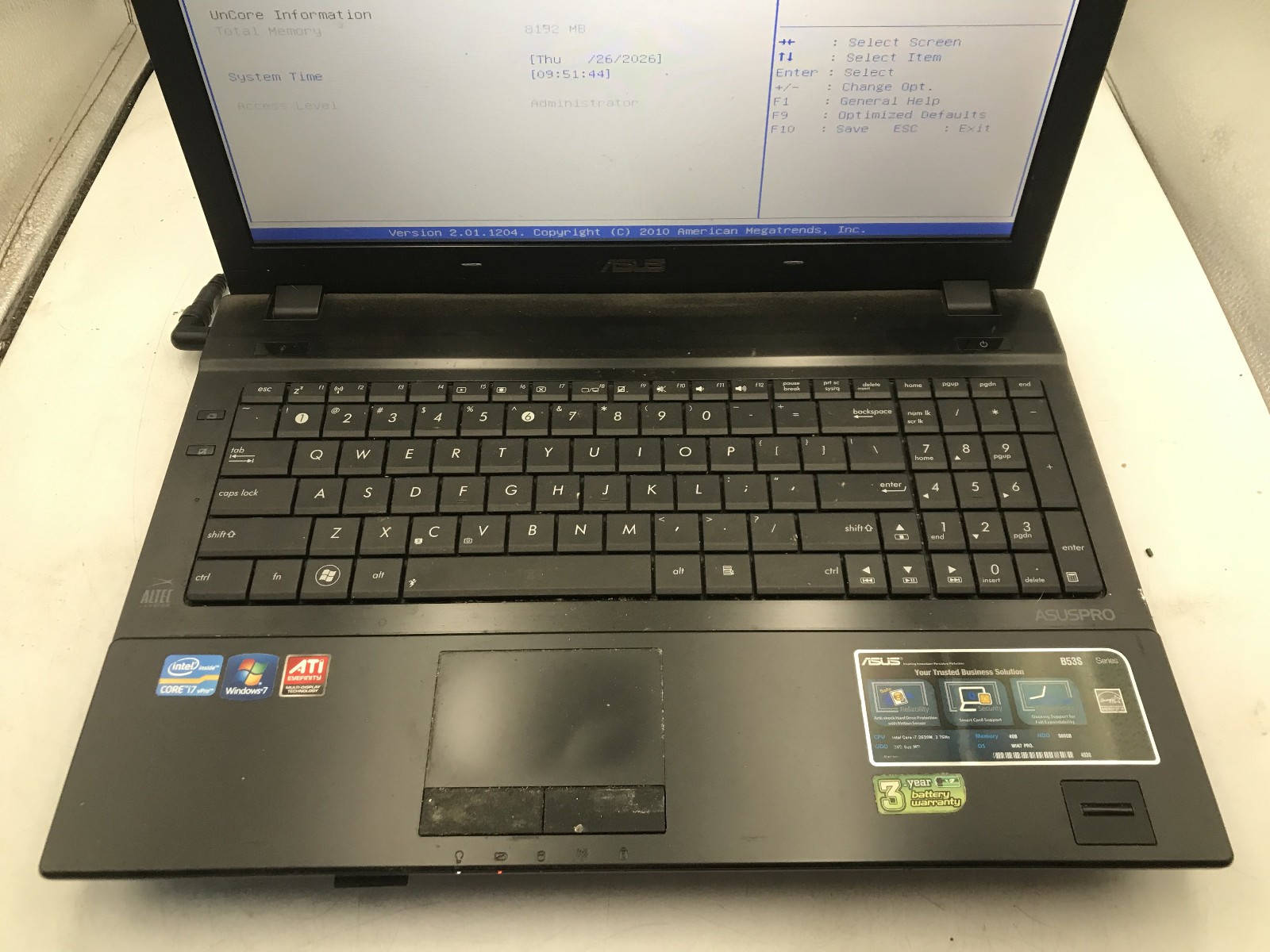 ASUS B53S XH71 – BOOTS TO BIOS – INTEL I7 2620M – 8GB RAM – READ DESCRIP – BB
