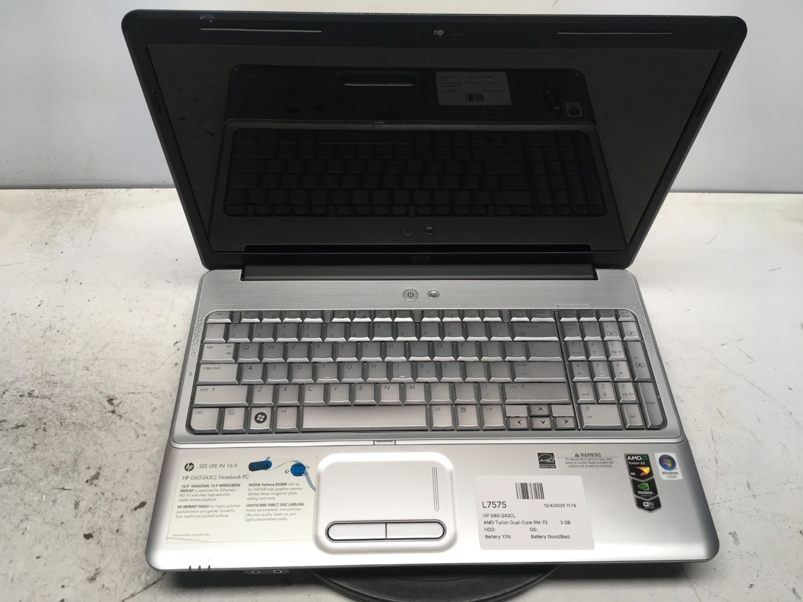 HP G60-243CL AMD Turion Dual-Core RM-72 2100MHz 3 GB NO HDD