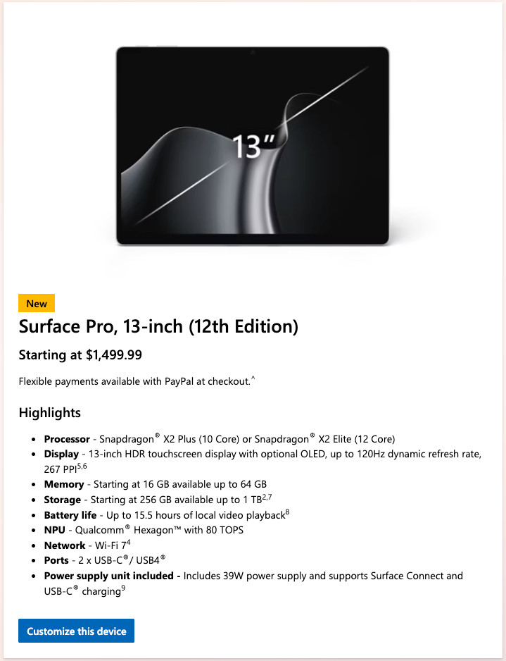 NEW SEALED Microsoft Surface Pro 12th Ed 13in Snapdragon X2 Elite 16GB 512GB