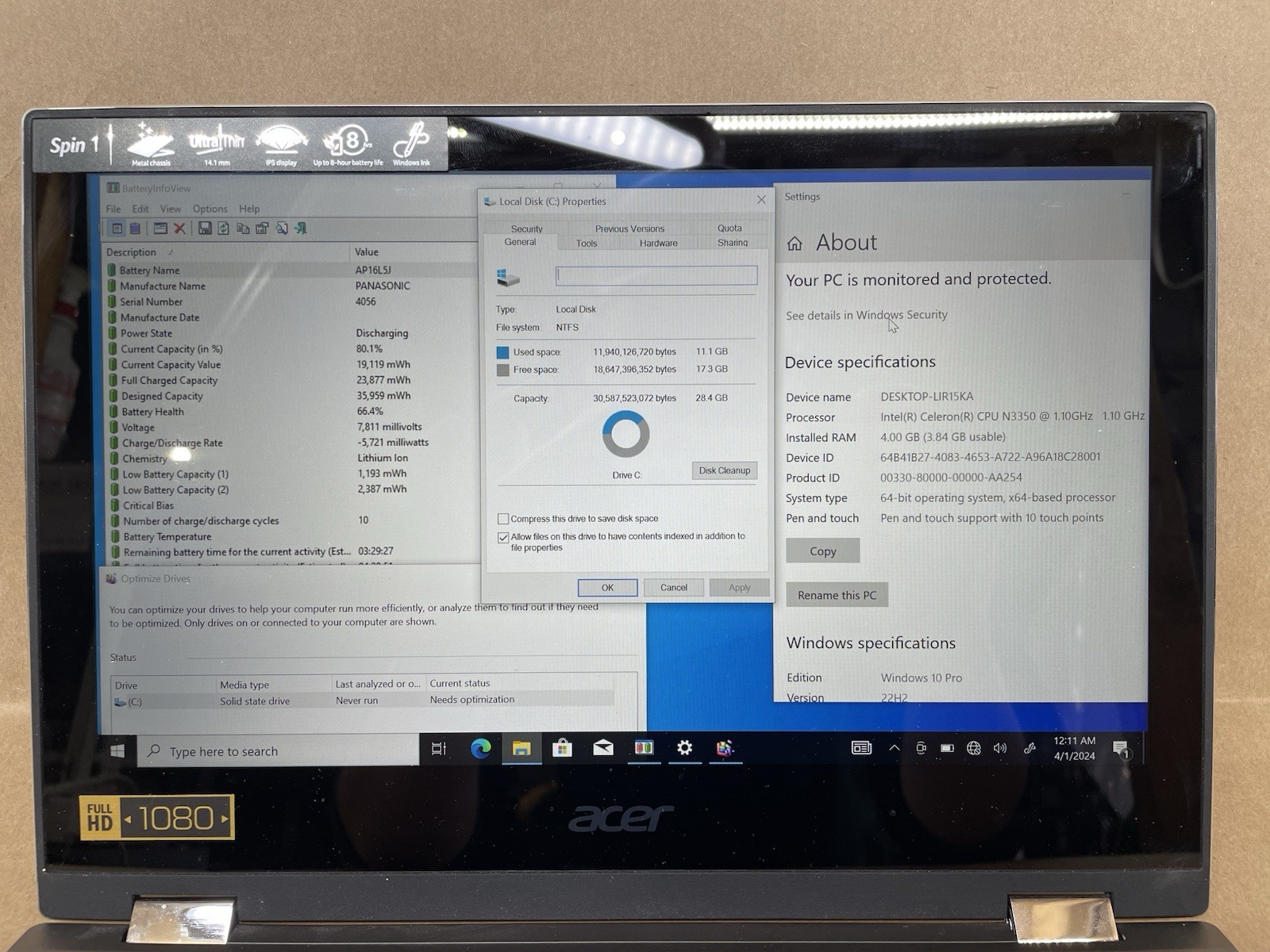 Acer Spin 1 SP111-33 11.6″ Celeron N3350@1.10GHz 4GB 32GB SSD Win10