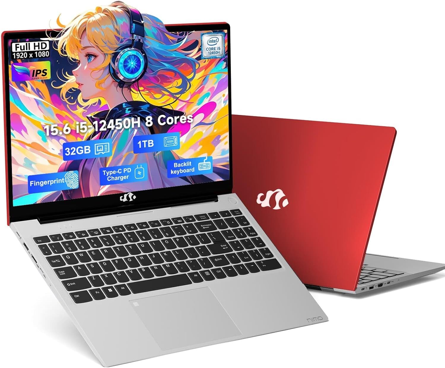 15.6 FHD Laptop 8 cores Intel i5-12450H 32GB RAM 1TB SSD 100W WiFi 6 Windows 11