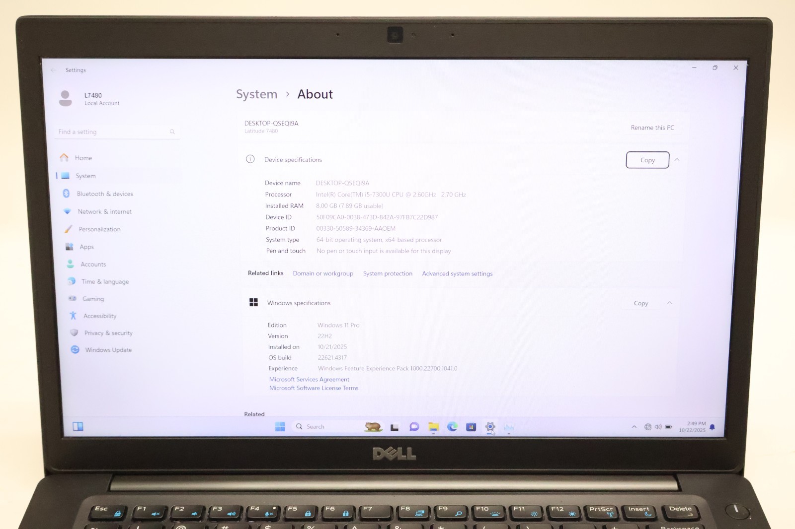 Dell Latitude 7480 i5-7300U 2.60GHz 8GB Ram 256GB SSD Windows 11 Pro Notebook