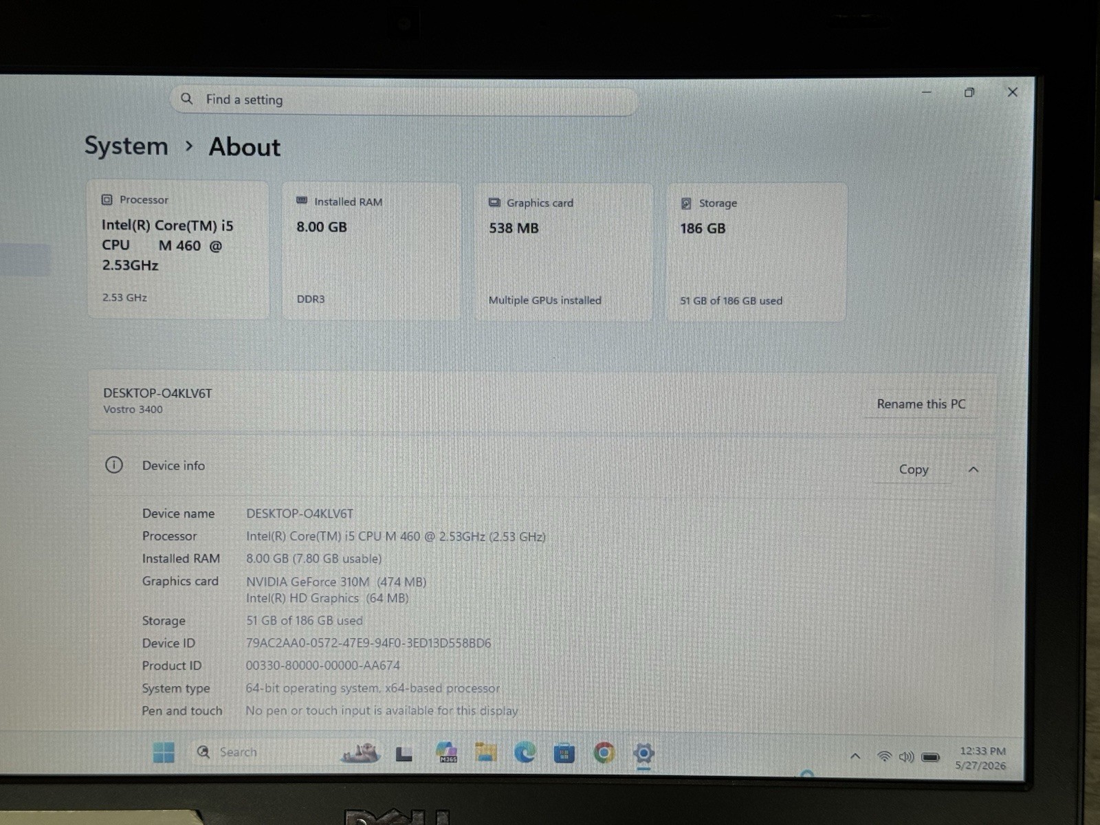 Dell Vostro 3400 Laptop Intel i5-M460 2.53GHZ 8gb RAM 200gb SSD Windows 11
