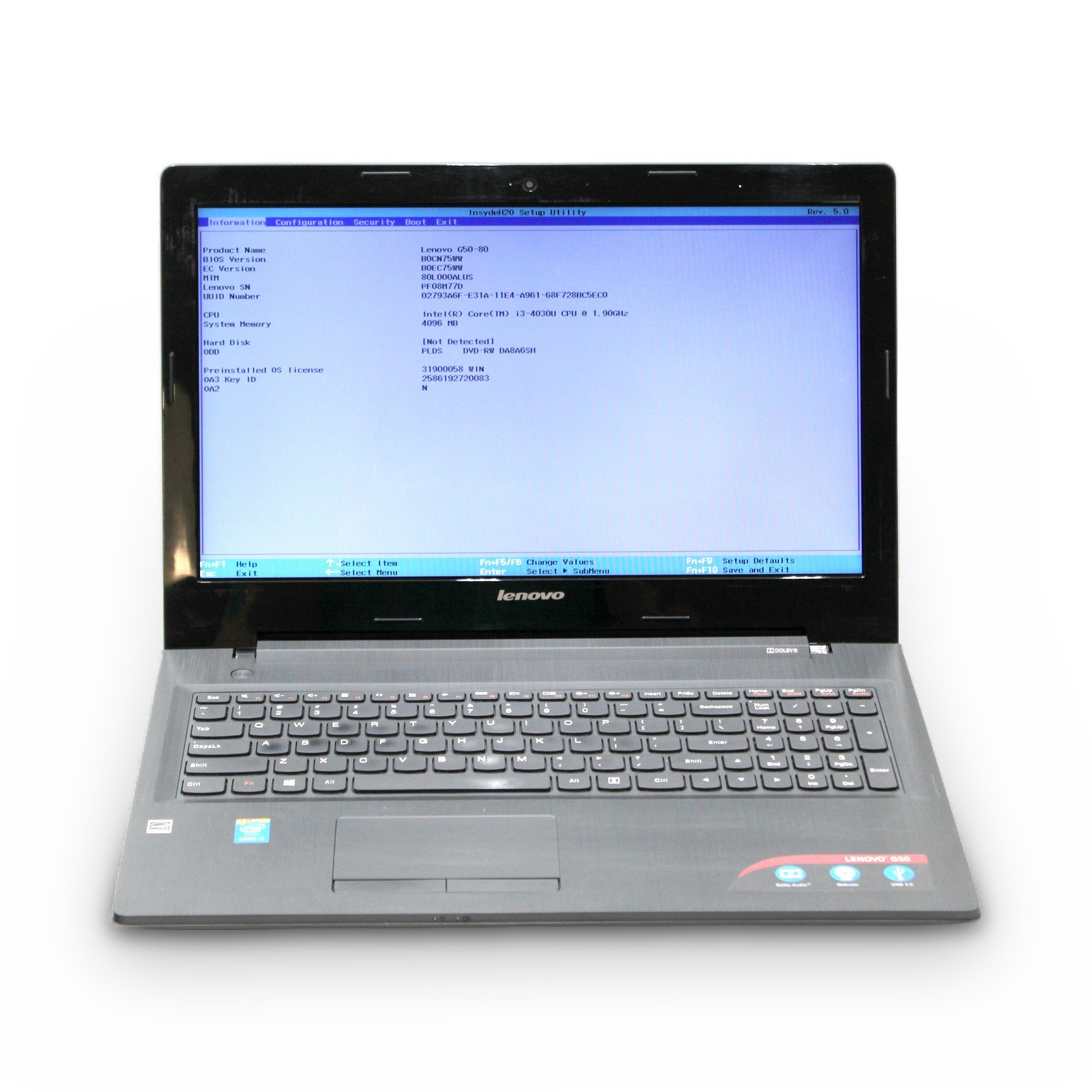 Lenovo G50-80 15.6in i3-4030U 1.9GHz 4GB DVD-RW No OS, Drive, Power Cord