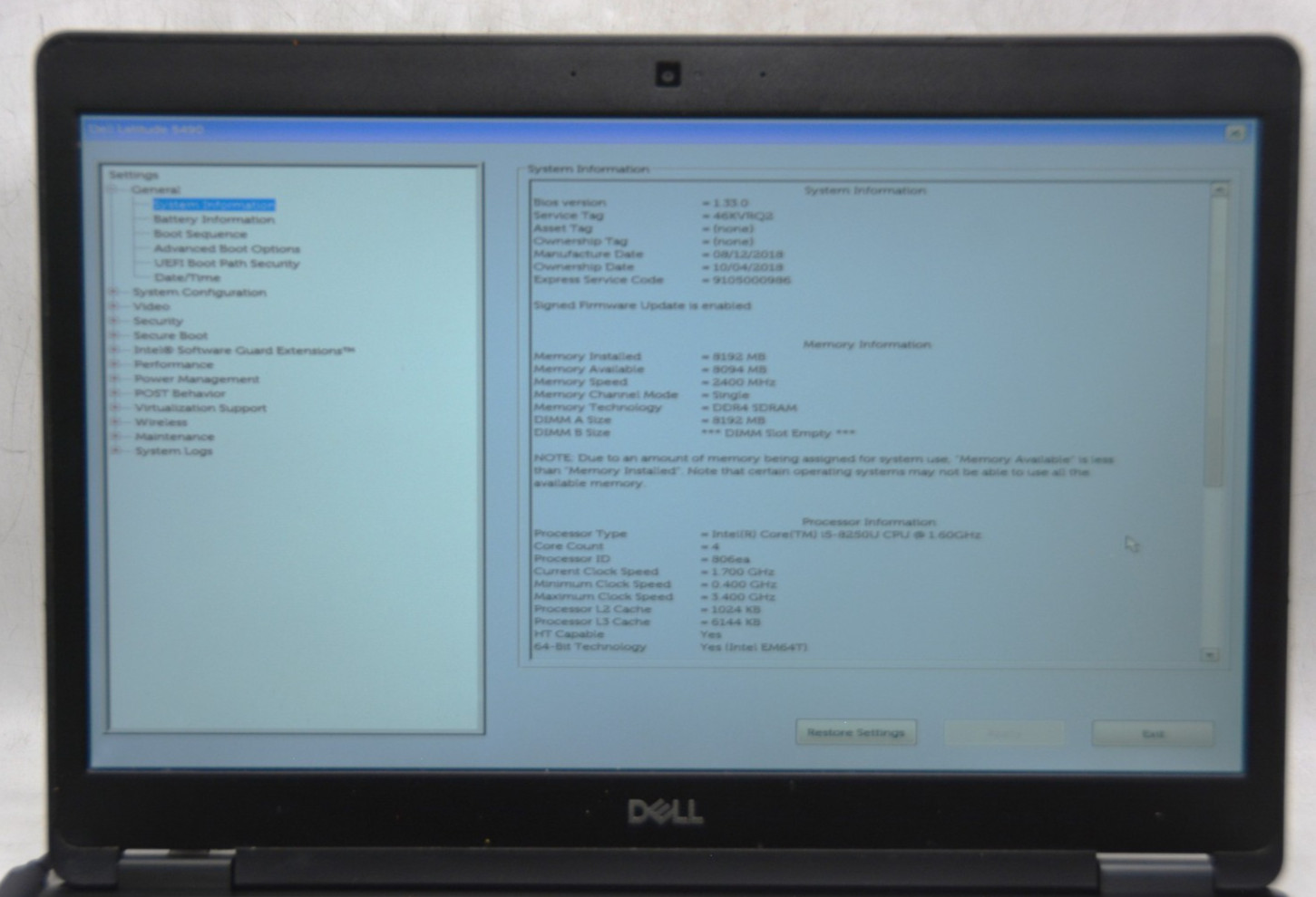 Dell Latitude 5490-i5-8250U-@1.6GHz-8GB RAM-NO STORAGE OR OS *USED/TESTED* READ