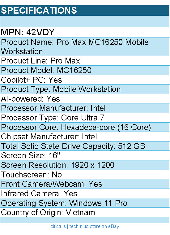 Dell 42VDY Pro Max MC16250 16″ Copilot+ PC Mobile Workstation – Full HD Plus