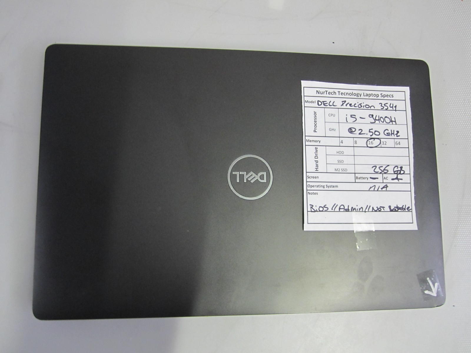Dell Precision 3541 i5-9400H 16GB 2.50GHz 256GB M2SSD Laptop + AC NOOS/BTRY BIOS