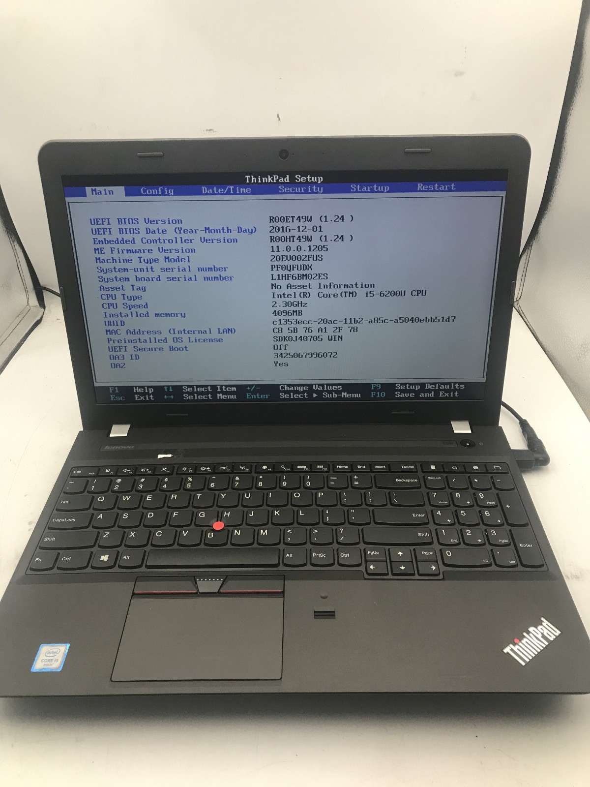 LENOVO THINKPAD E560 – BOOTS TO BIOS – INTEL I5 6200U – NO RAM – READ DESC – BB