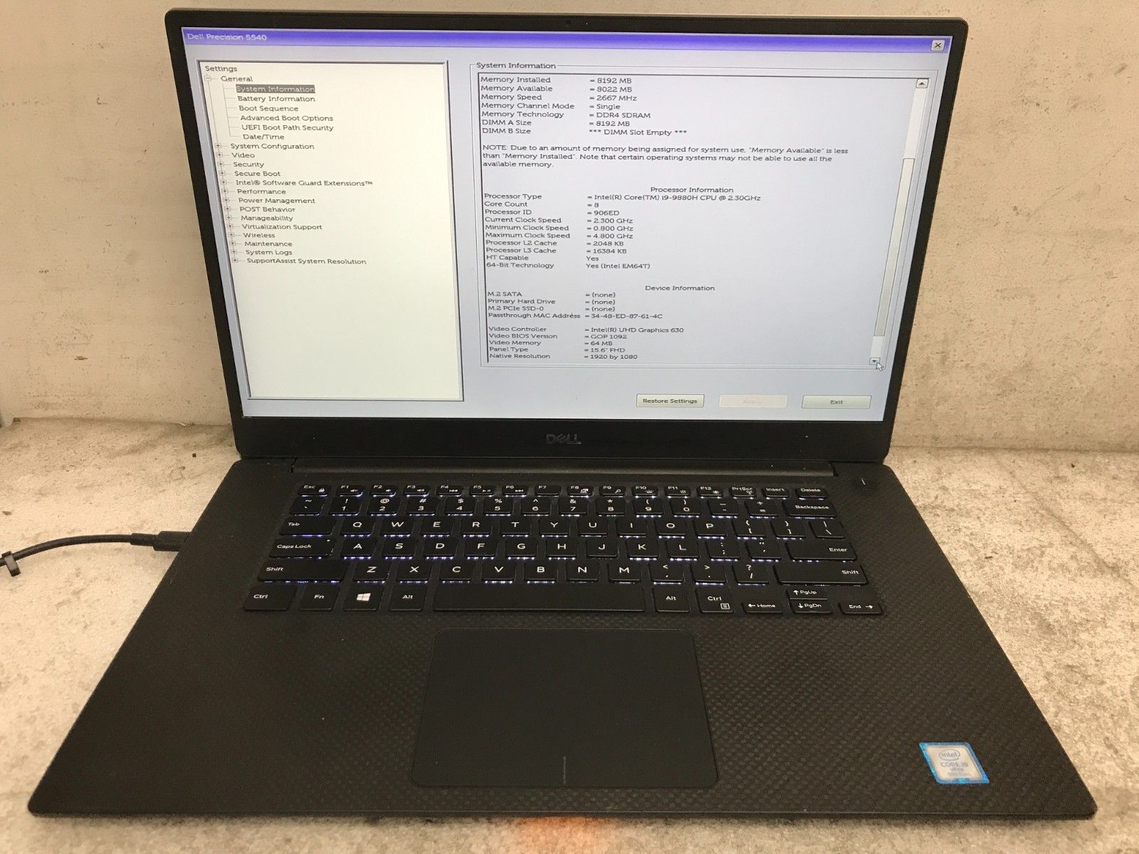 Dell Precision 5540 / Intel Core i9-9880H 2.30GHz / 8GB RAM / No SSD