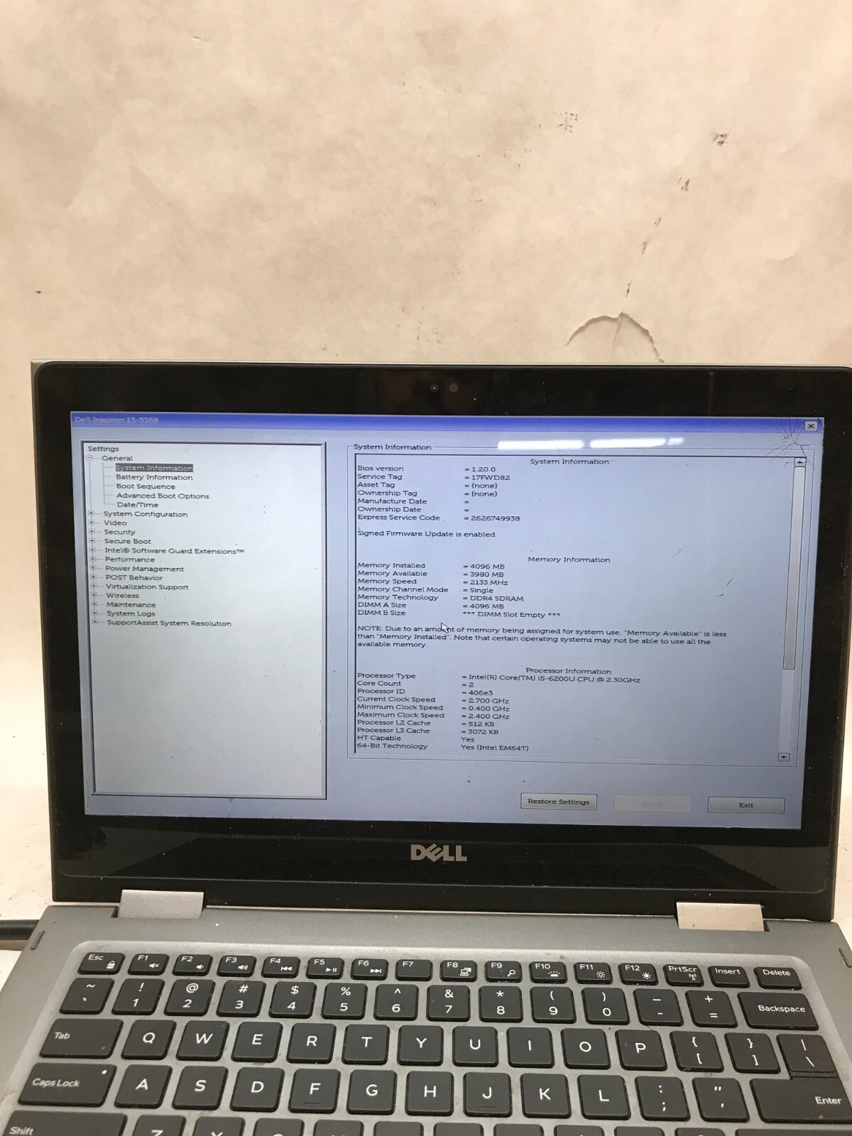 Dell Inspiron 13-5368 13″ Intel i5-6200U 4GB RAM NO HDD/OS Cracked For Parts -DW