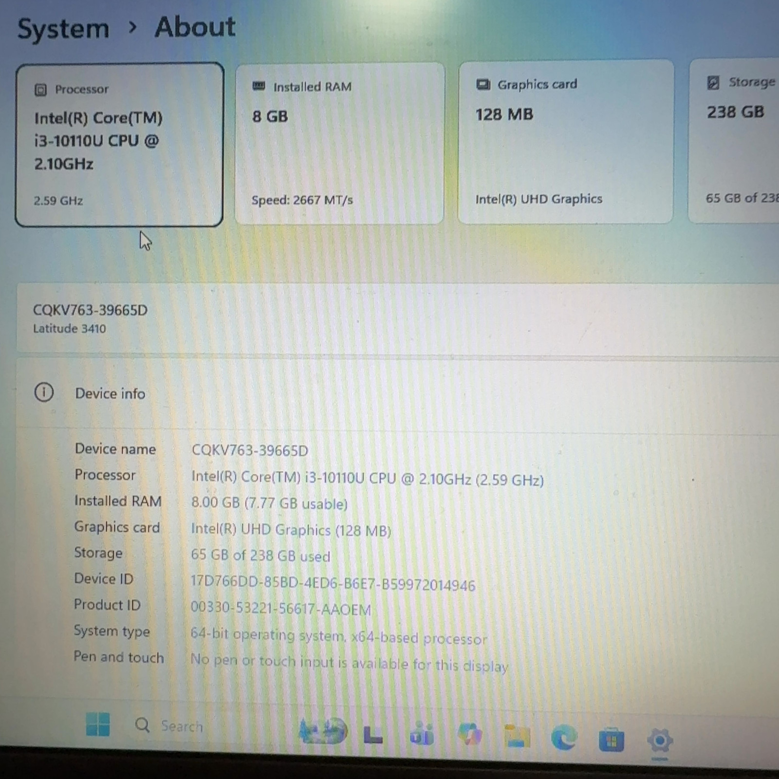 Dell Latitude 3410 14″ Laptop i3-10110U 8GB RAM 256GB NVMe SSD Win 11 Pro