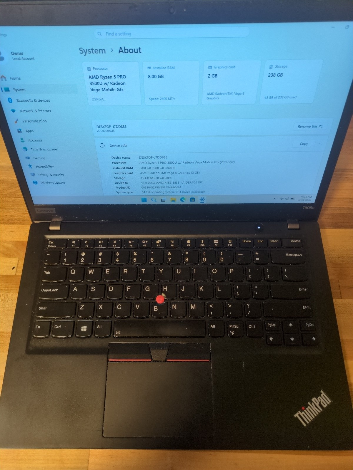 Lenovo ThinkPad T495s | Ryzen 5 3500U | 8GB RAM | 256GB SSD | WIN 11 PRO Laptop