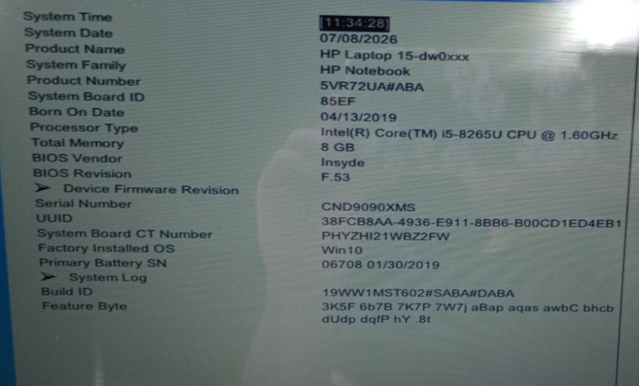 HP 15-dw0043dx 15.6″HD i5-8265U@1.60GHz 8GB RAM 128GB M.2 Win11 Home WH989*!