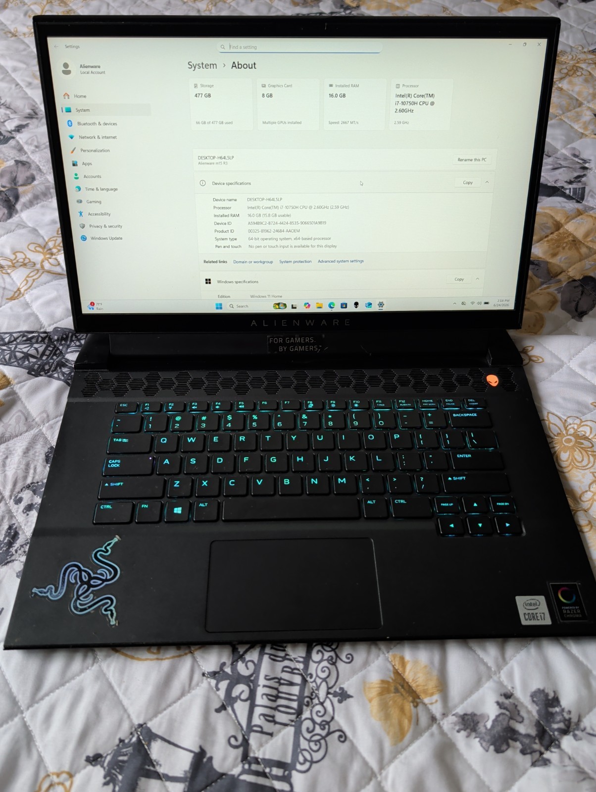 Alienware M15 R3 Gaming Laptop –RTX 2070 SU/512 SSD/16 Ram/I7 10 Gen/ 15.6 FHD.