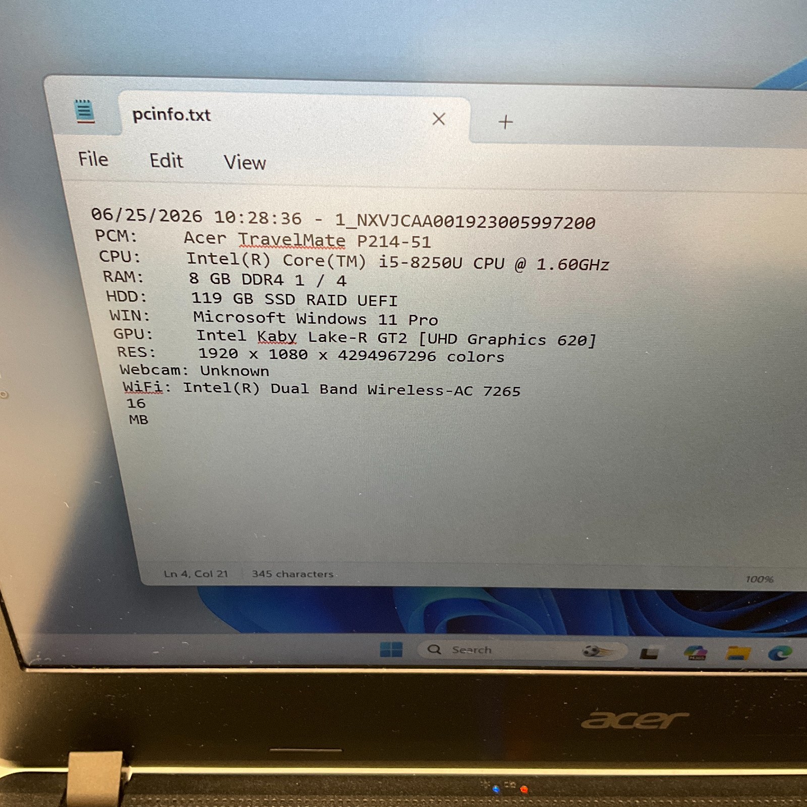 Acer TravelMate P214-51 14″ Intel Core i5-8250U @ 1.60 GHz 8GB 128GB SSD Win 11
